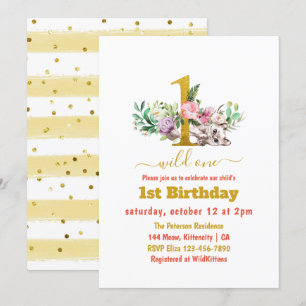 Wild One - Baby Cat and Flowers 1st Birthday Invitation
