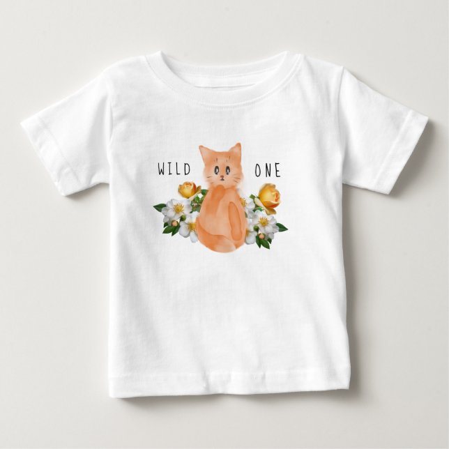Wild One - Baby Cat and Flowers 1st Birthday T-Shirt (Front)