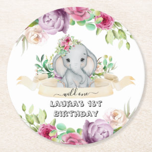 Wild One - Baby Elephant and Flowers 1st Birthday  Round Paper Coaster