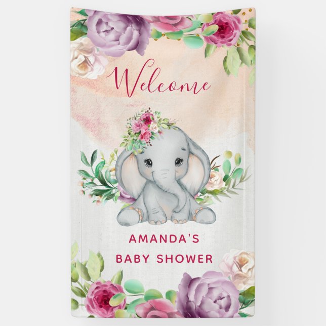 Wild One - Baby Elephant and Flowers Banner (Vertical)