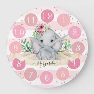 Wild One - Baby Elephant and Flowers Large Clock