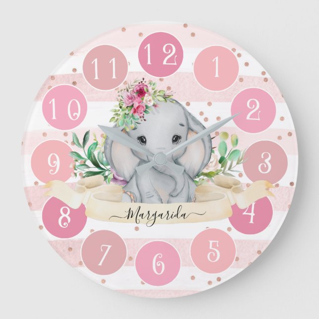 Wild One - Baby Elephant and Flowers Large Clock (Front)
