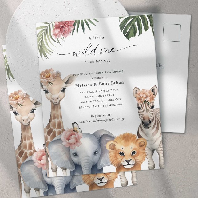Wild One Baby Girl Shower, Cute Safari Themed Invitation Postcard (Wild One Safari Baby Animals, Baby Girl Shower. A wild One is on Her way, A Cute Baby Shower invite.)