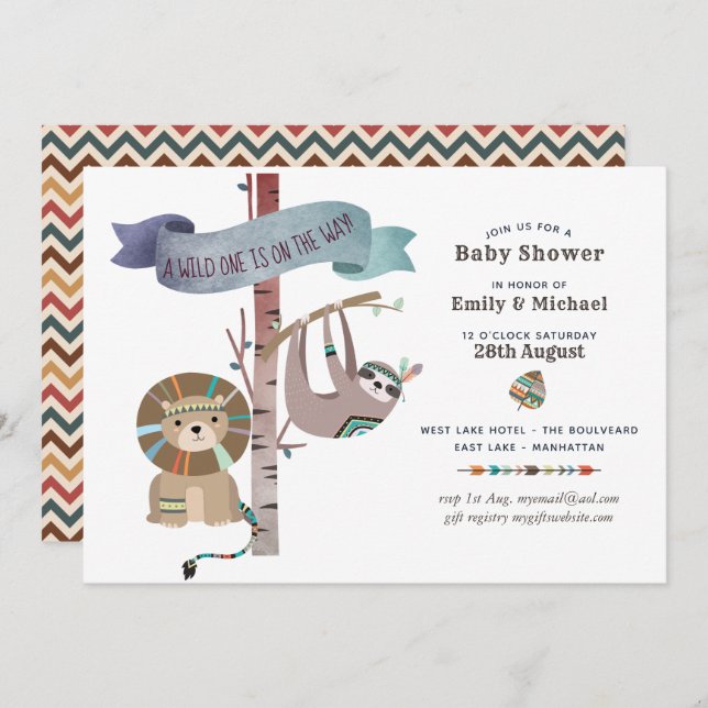 Wild One Baby Shower Tribal Sloth TeePee Invitation (Front/Back)