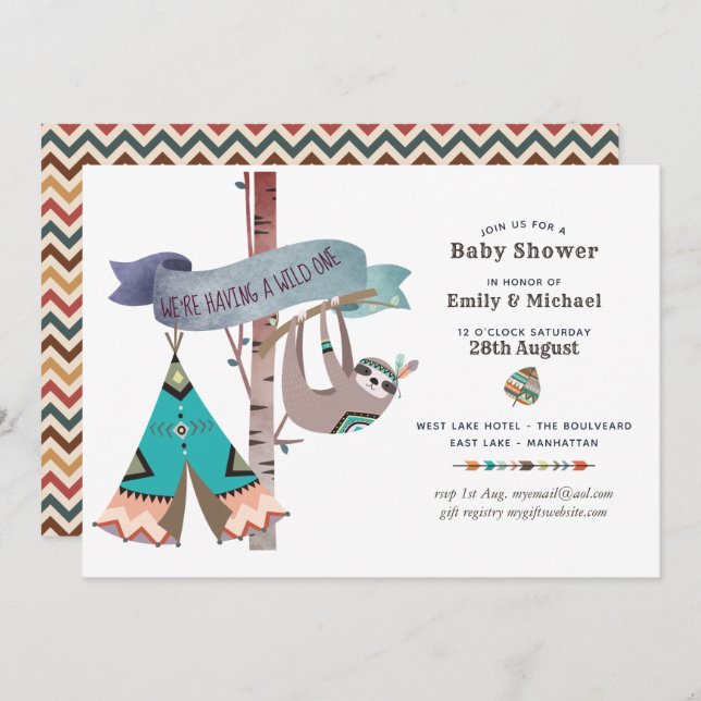 Wild One Baby Shower Tribal Sloth TeePee Invitation (Front/Back)