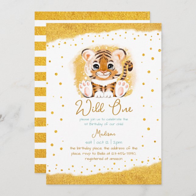 Wild One Baby Tiger Child Cute First Birthday Invitation (Front/Back)