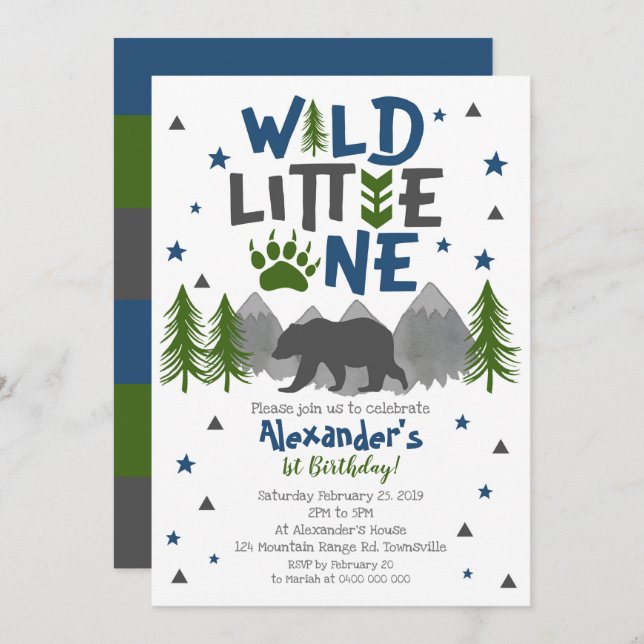 Wild One Bear 1st Birthday Invitation (Front/Back)