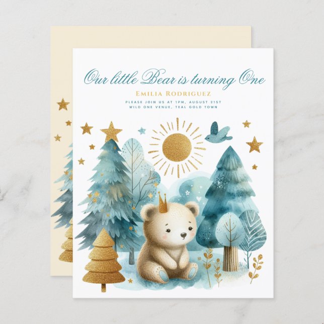 Wild One Bear 1st Birthday (or EDIT AGE) Teal Gold (Front/Back)