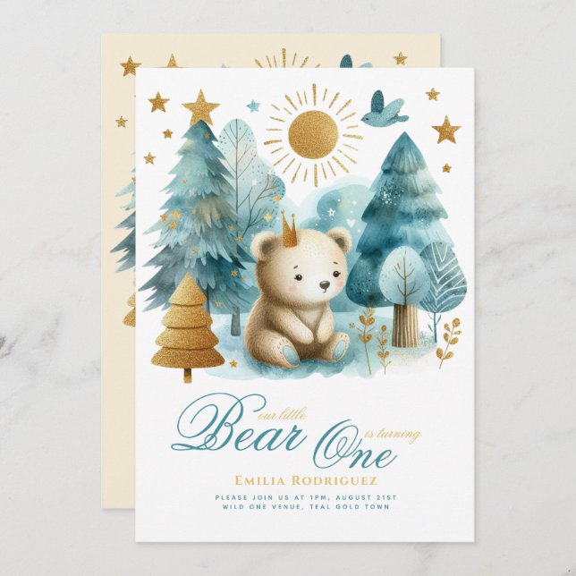 Wild One Bear 1st Birthday (or EDIT AGE) Teal Gold Invitation (Front/Back)
