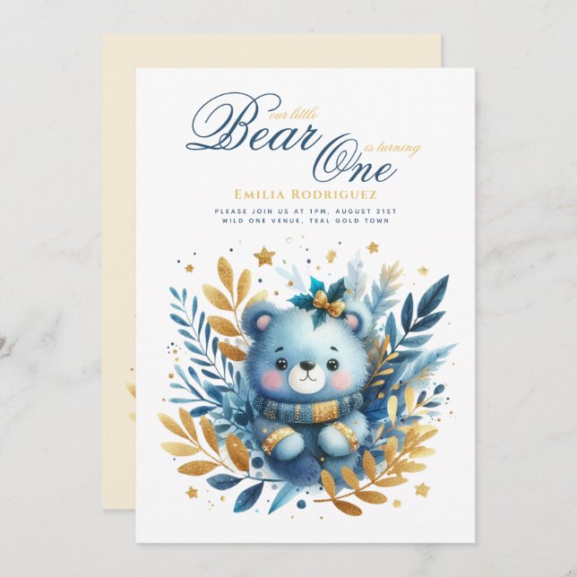 Wild One Bear 1st Birthday (or EDIT AGE) Teal Gold Invitation (Front/Back)