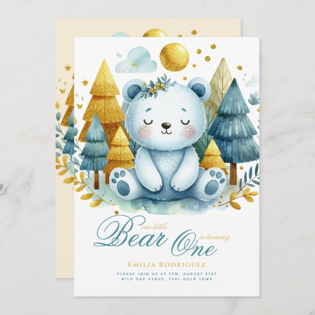 Wild One Bear 1st Birthday (or EDIT AGE) Teal Gold Invitation (Front/Back)