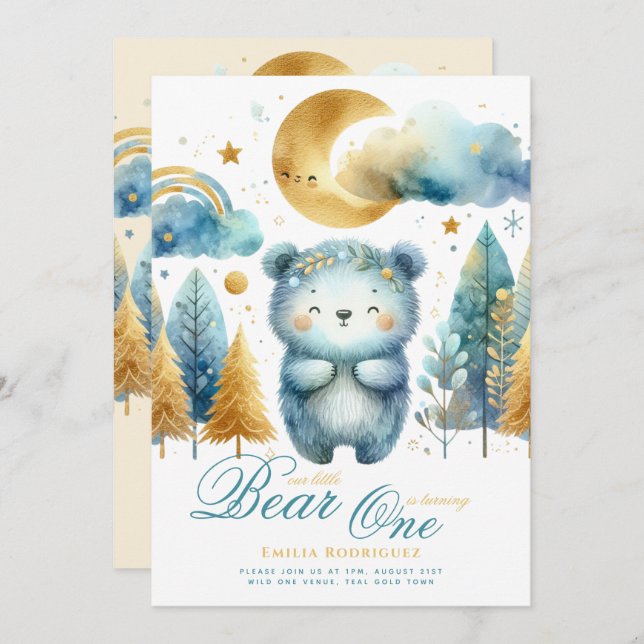 Wild One Bear 1st Birthday (or EDIT AGE) Teal Gold Invitation (Front/Back)