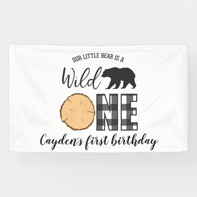 Wild One Bear Black Buffalo Plaid First Birthday Banner (Horizontal)