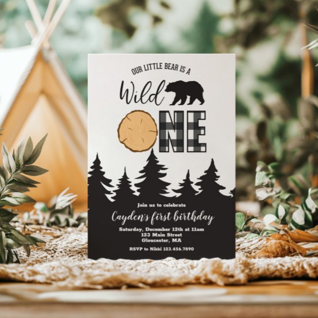 Wild One Bear Black Buffalo Plaid First Birthday Invitation (Creator Uploaded)