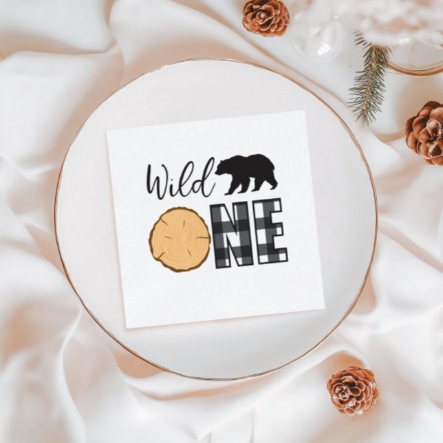 Wild One Bear black Buffalo Plaid First Birthday Napkin (Creator Uploaded)