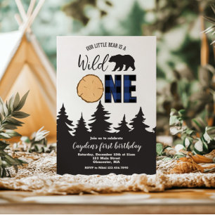 Wild One Bear Blue Buffalo Plaid First Birthday Invitation