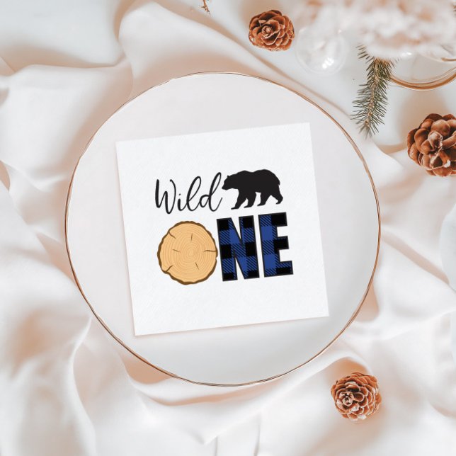 Wild One Bear blue Buffalo Plaid First Birthday Napkin (Creator Uploaded)