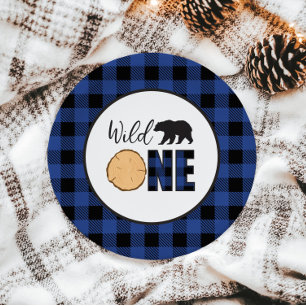 Wild One Bear blue Buffalo Plaid First Birthday Paper Plate