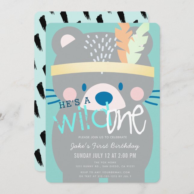 Wild One Bear Boy Teal 1st Birthday Invitation (Front/Back)