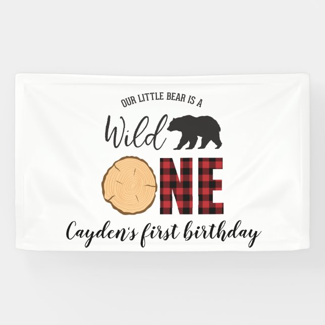 Wild One Bear Buffalo Plaid First Birthday Banner (Horizontal)