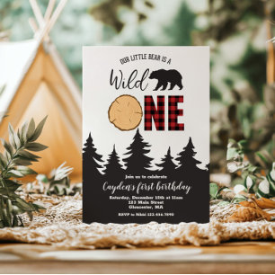 Wild One Bear Buffalo Plaid First Birthday Invitation