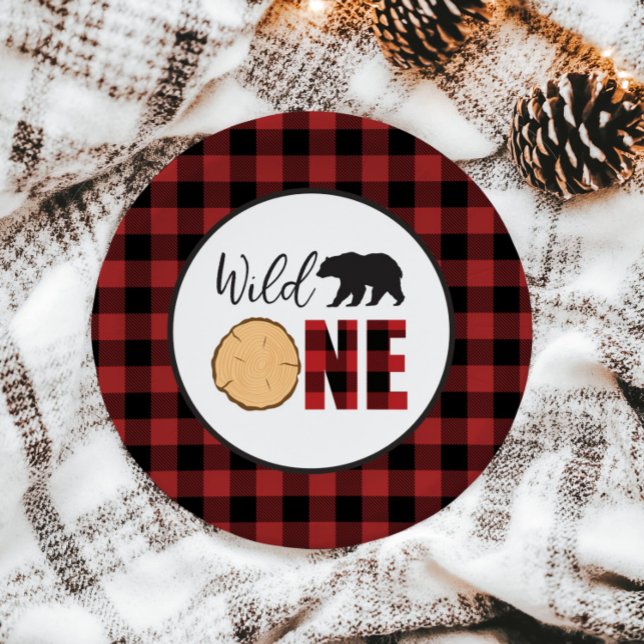 Wild One Bear Buffalo Plaid First Birthday Paper P Paper Plate (Creator Uploaded)