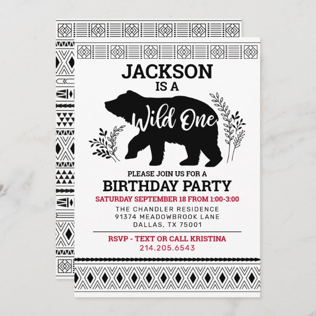 Wild One Bear First Birthday Invitation (Front/Back)