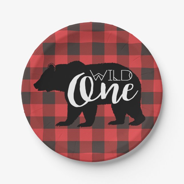 Wild One Bear | Flannel First Birthday Paper Plate (Front)