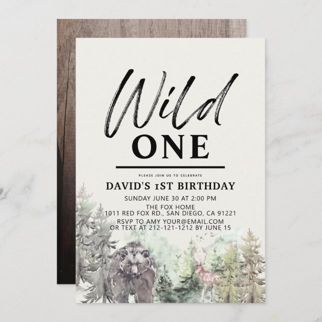 Wild One Bear Forest Mountain Boy 1st Birthday Invitation (Front/Back)
