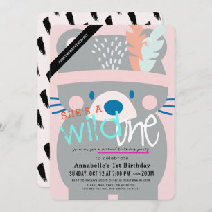 Wild One Bear Girl Pink Virtual 1st Birthday Invitation