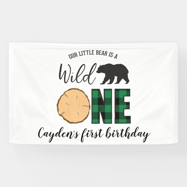 Wild One Bear green Buffalo Plaid First Birthday Banner (Horizontal)