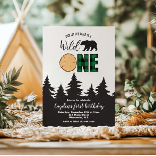 Wild One Bear Green Buffalo Plaid First Birthday Invitation