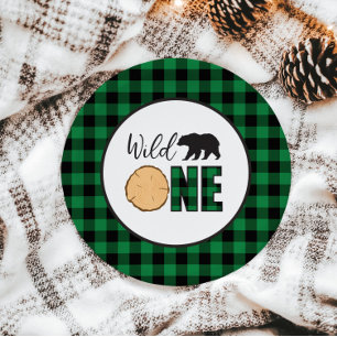 Wild One Bear green Buffalo Plaid First Birthday Paper Plate