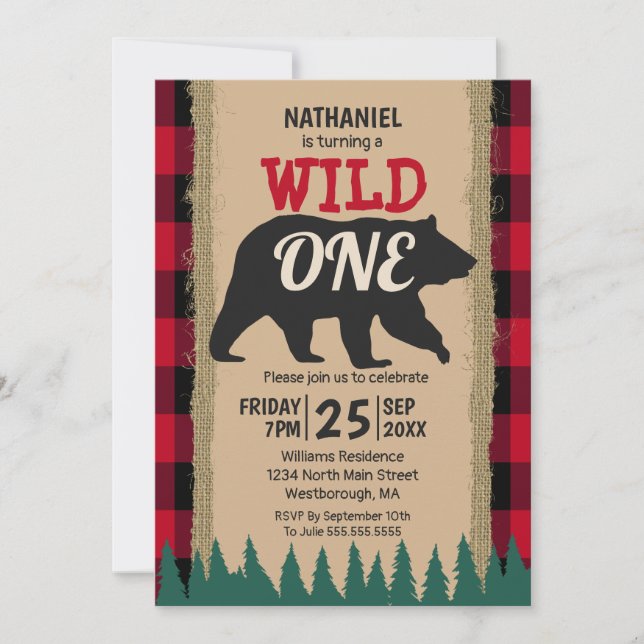 Wild One Bear Rustic Buffalo Plaid 1st Birthday Invitation (Front)