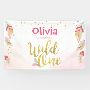 Wild one birthday banner Feathers Gold boho Tribal