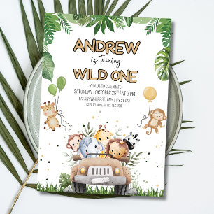 Wild One Birthday Boy Invitation, Jungle Animals Invitation