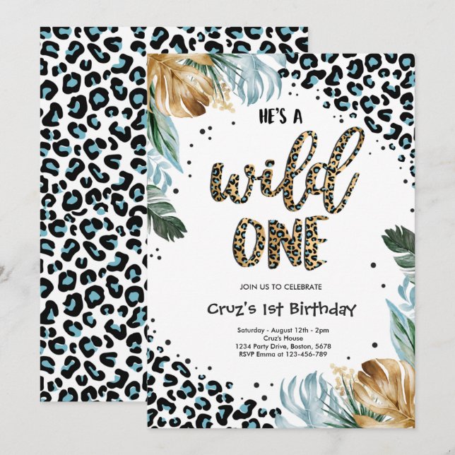 Wild One Birthday Boy Leopard Print Jungle Party Invitation (Front/Back)