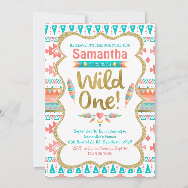Wild One Birthday, girl 1st birthday, tribal Invitation (Front)