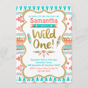 Wild One Birthday, girl 1st birthday, tribal Invitation