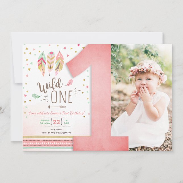 Wild One Birthday Girl Pink Gold 1st Boho Feathers Invitation (Front)