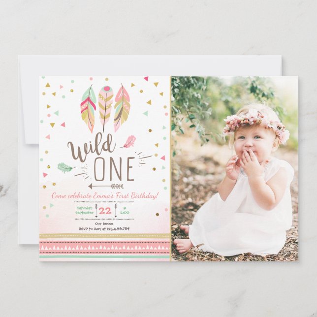 Wild one Birthday Girl Pink Gold 1st Boho Feathers Invitation (Front)