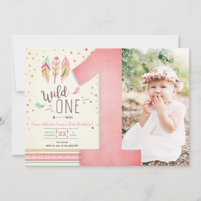 Wild One Birthday Girl Pink Gold 1st Boho Feathers Invitation (Front)
