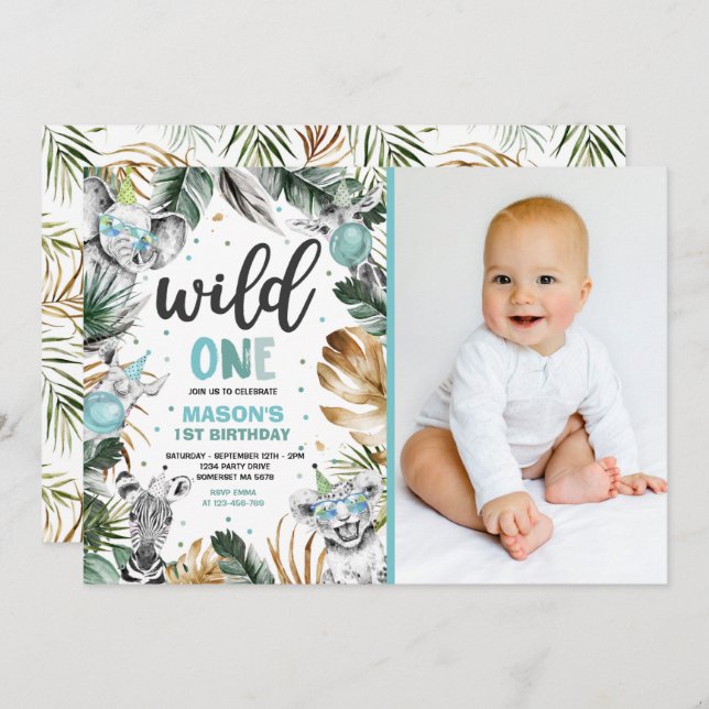 Wild One Birthday Gold Safari Jungle Animals Party Invitation (Front/Back)