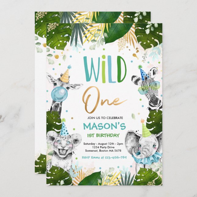 Wild One Birthday Gold Safari Jungle Animals Party Invitation (Front/Back)