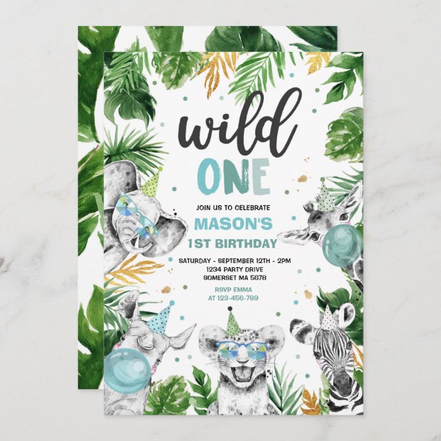 Wild One Birthday Gold Safari Jungle Animals Party Invitation (Front/Back)