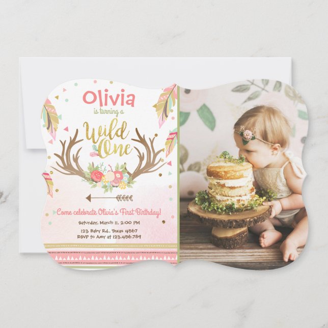 Wild One birthday invitation First birthday Girl (Front)