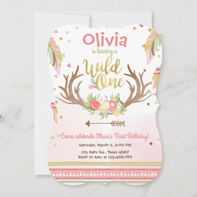 Wild One birthday invitation First birthday Girl (Front)