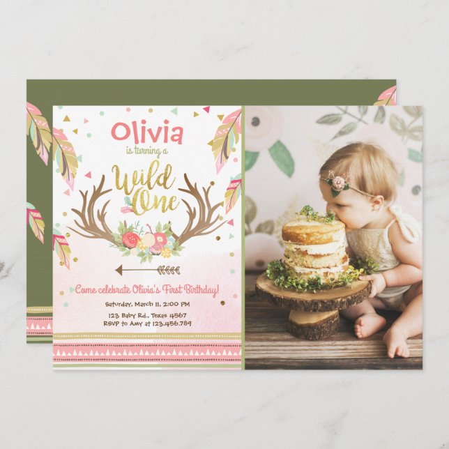 Wild One birthday invitation First birthday Girl (Front/Back)