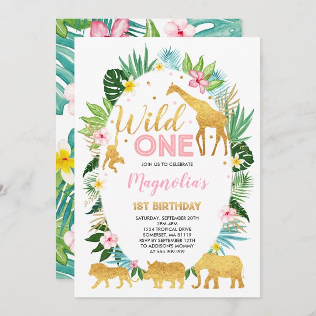 Wild One Birthday Invitation Jungle Animals Party (Front/Back)