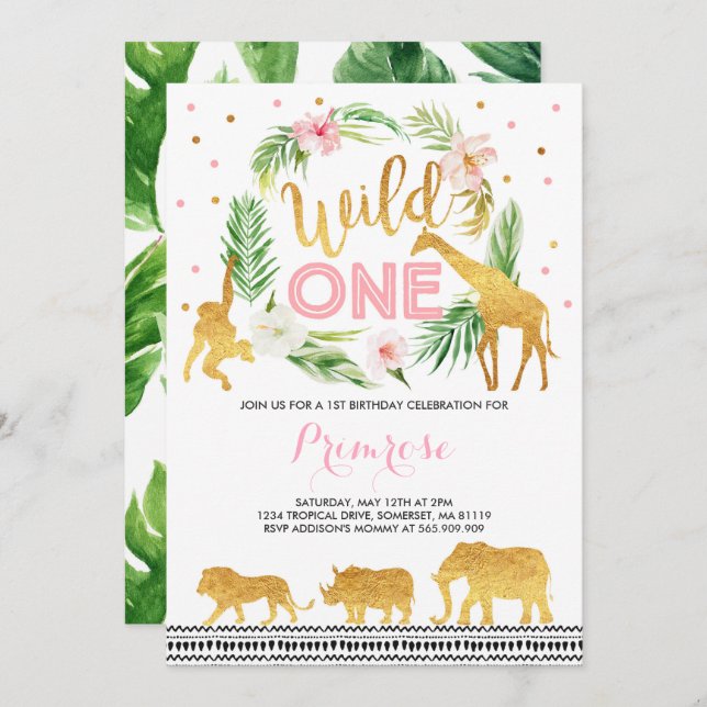 Wild One Birthday Invitation Jungle Animals Party (Front/Back)